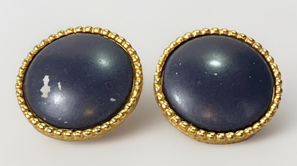 Ellen Designs Vintage Cabochon Clip Earrings Brushed Gold Matte Black Signed